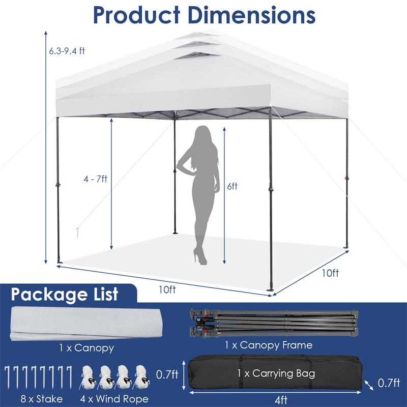 10' x 10' Pop Up Canopy Tent Easy Set-up Instant Canopy Outdoor Folding Tent Adjustable Height Sun Shelter with Center Lock & Carry Bag