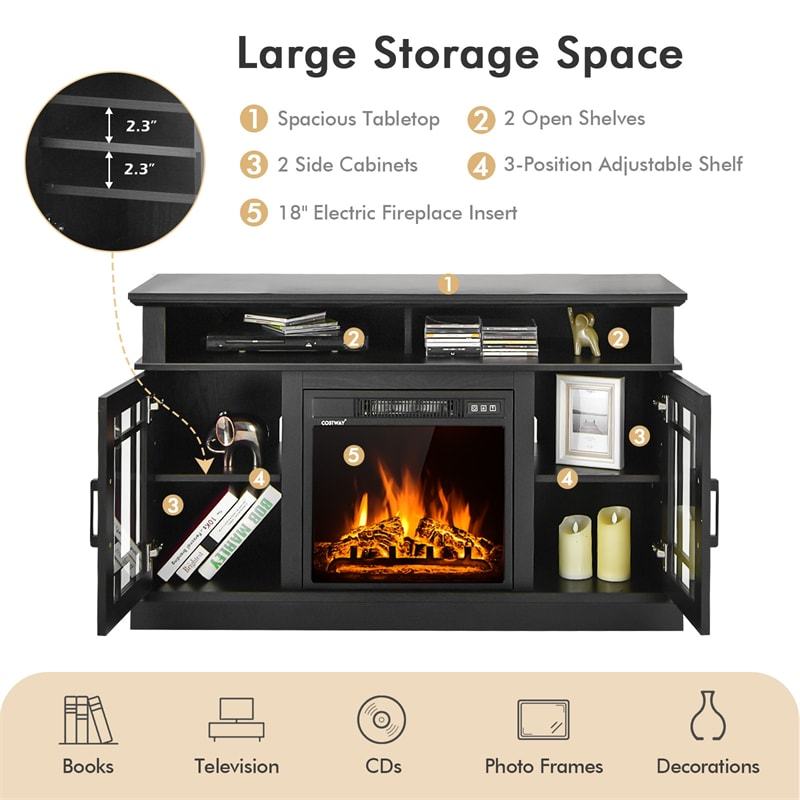 48" Fireplace TV Stand for TVs up to 50", Wood Entertainment Center TV Console with 18" Electric Fireplace, Remote Control, Adjustable Shelves