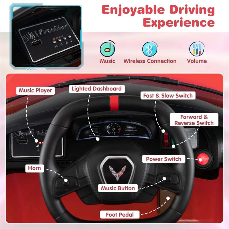 12V Kids Ride On Car Licensed Chevrolet Corvette C8 Electric Toy Car with Remote Control, Wireless Connection, Lights, Gift for Boys & Girls