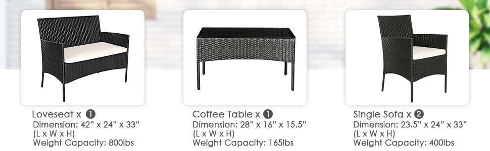 4 Pcs Wicker Patio Conversation Set with Loveseat & Tempered Glass Coffee Table