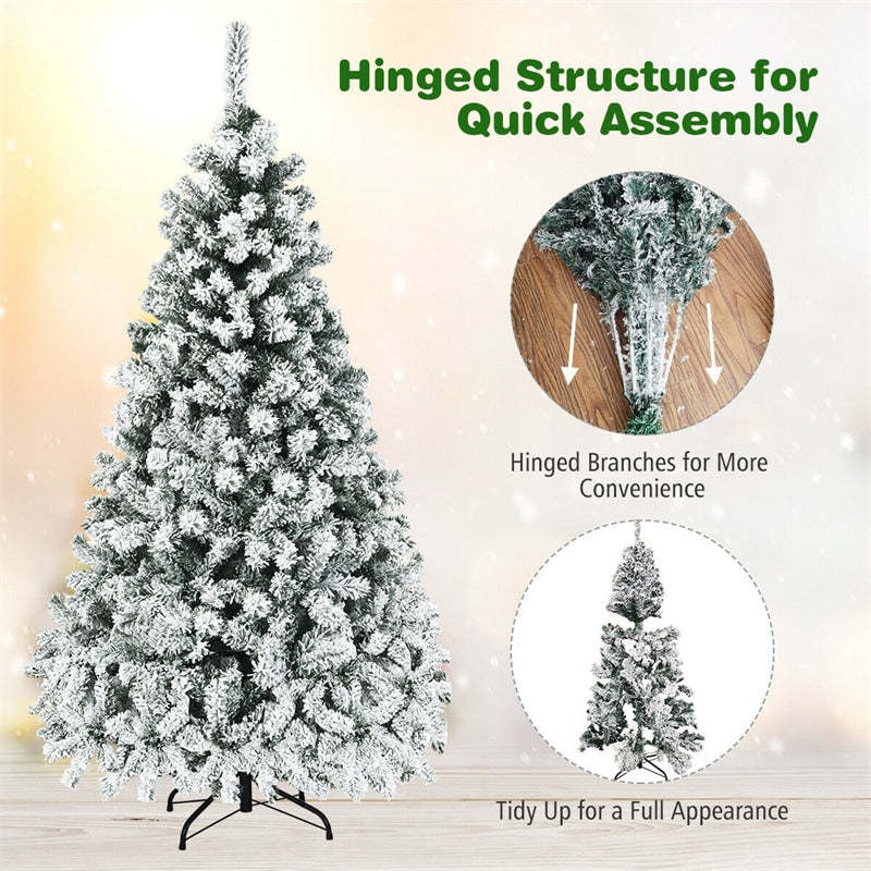 6FT Pre-Lit Snow Flocked Artificial Christmas Tree Premium Hinged Full Tree with 600 PVC Branch Tips & 250 LED Lights