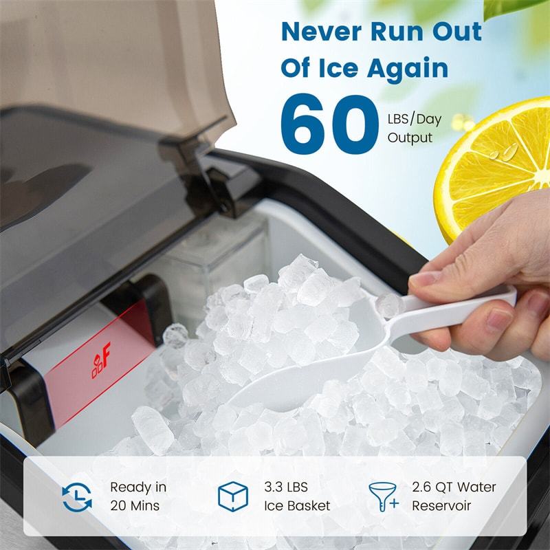 Countertop Nugget Ice Maker 60 Lbs/24H Portable Ice Maker Stainless Steel Pebble Ice Machine with Self-Cleaning & 2 Ways Water Refill