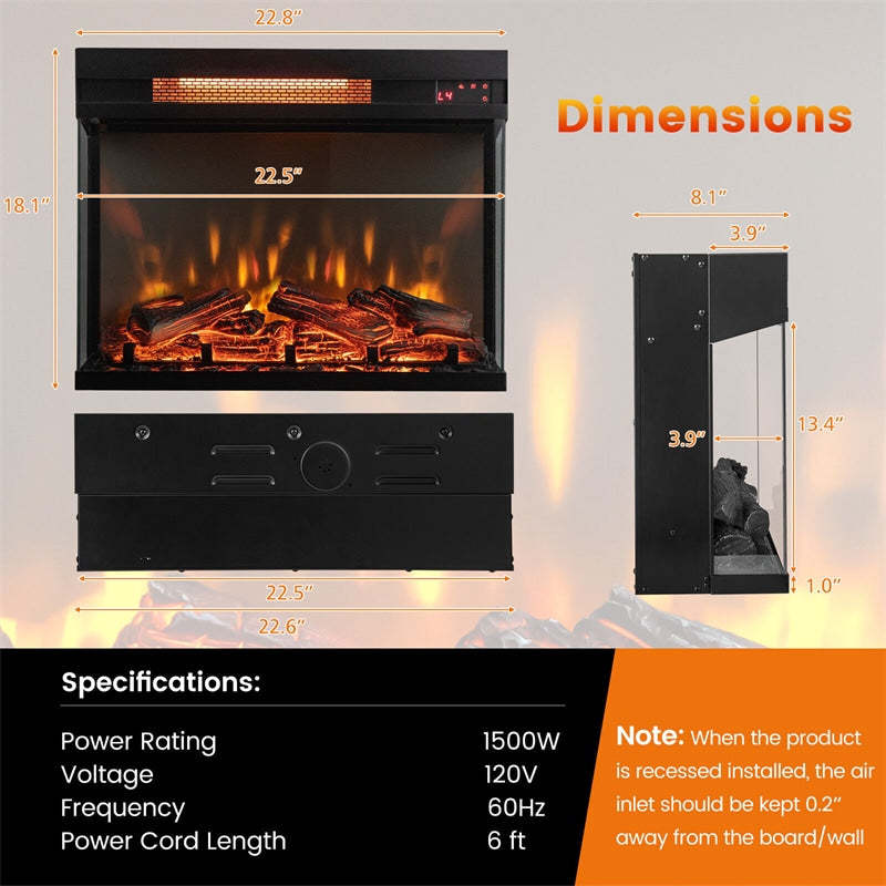 23" Electric Fireplace Insert, 1500W 3-Sided View Fireplace Heater with Remote Control, Adjustable Brightness, Thermostat, Timer, Overheat Protection