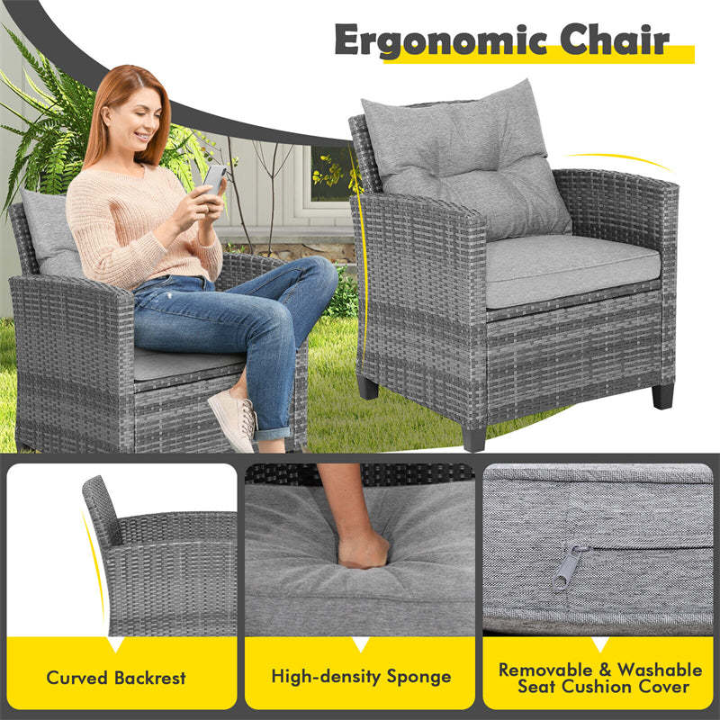 3PCS Patio Rattan Furniture Set Outdoor Conversation Set Wicker Bistro Set with Cushioned Chairs & Tempered Glass Side Table