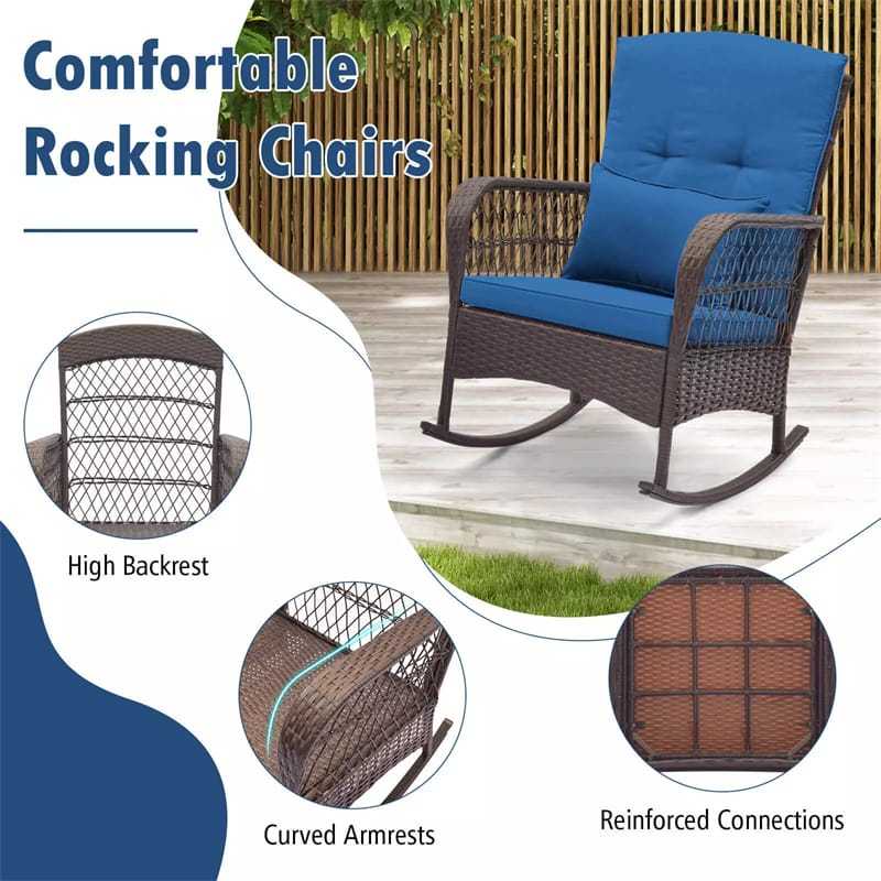 3-Piece Rattan Patio Rocker Set with 2 Rocking Chairs, Tempered Glass Coffee Table & Cushions, Outdoor Bistro Set for Porch, Poolside, Backyard