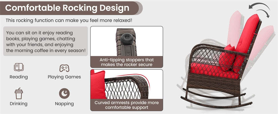 3-Piece Patio Rocker Set, Outdoor Wicker Rocking Chairs with 2-Layer Coffee Table, Cushions & Pillows, Rattan Bistro Set for Porch, Poolside