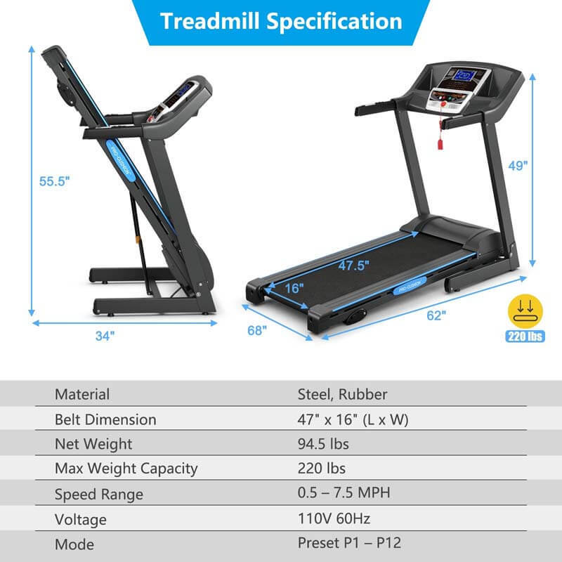 2.25 HP Folding Electric Treadmill Motorized Power Running Machine with LCD Display