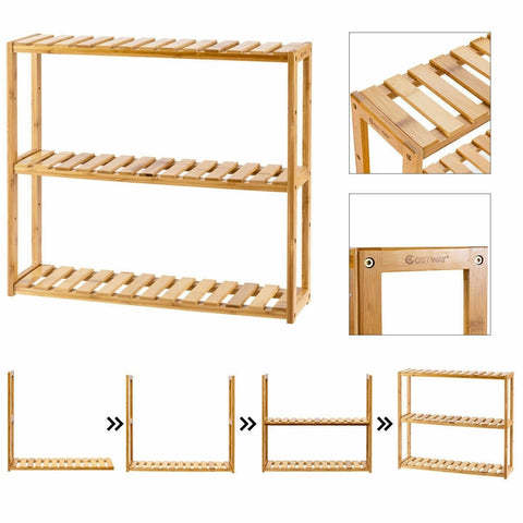 Multifunctional 3-Tier Bamboo Shelf Adjustable Utility Storage Stand Rack