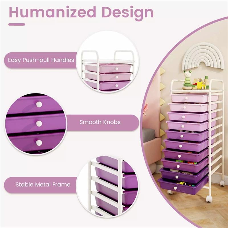 10-Drawer Rolling Storage Cart, Utility Cart with Drawers & Lockable Wheels, Mobile Art Craft Drawer Cart for Home Office, School