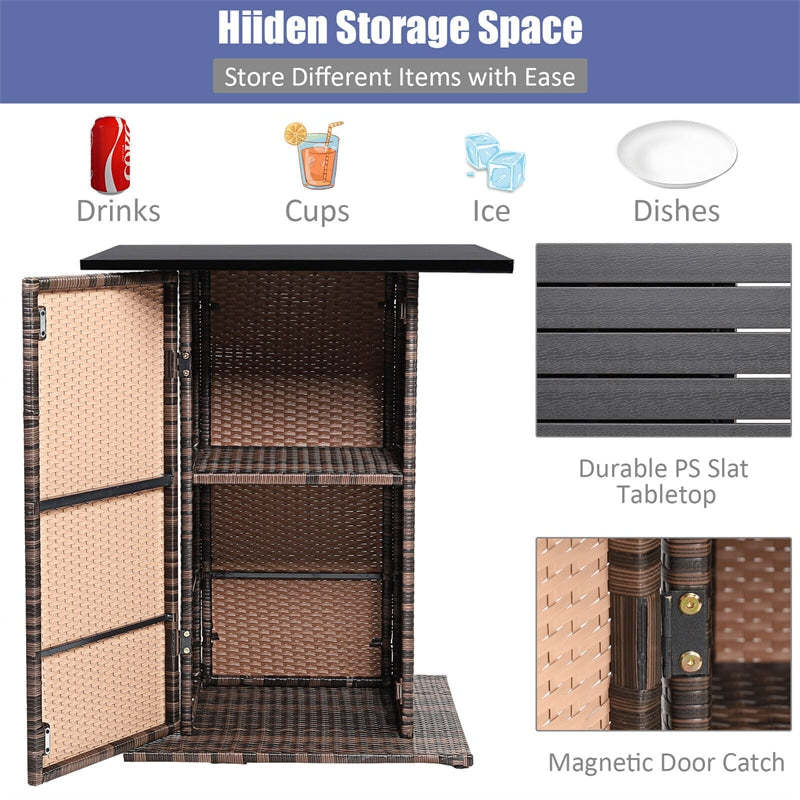 5 Piece Wicke Patio Bar Set Rattan Garden Bar Furniture Set with 4 Cushioned Stools & Hidden 2-Tier Storage Shelf