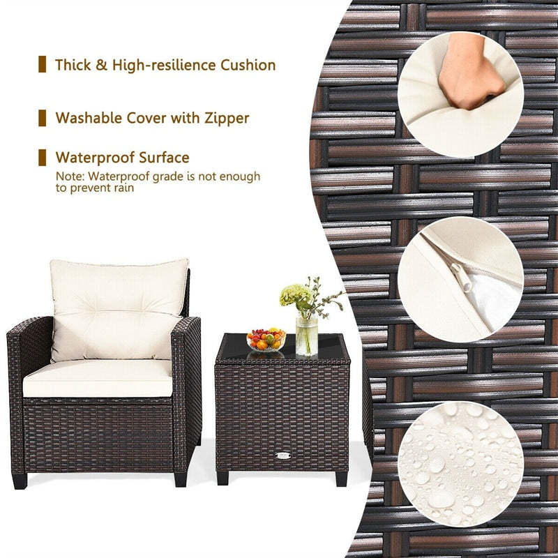 3 Pieces Patio Rattan Furniture Set with Washable Cushion and Coffee Table