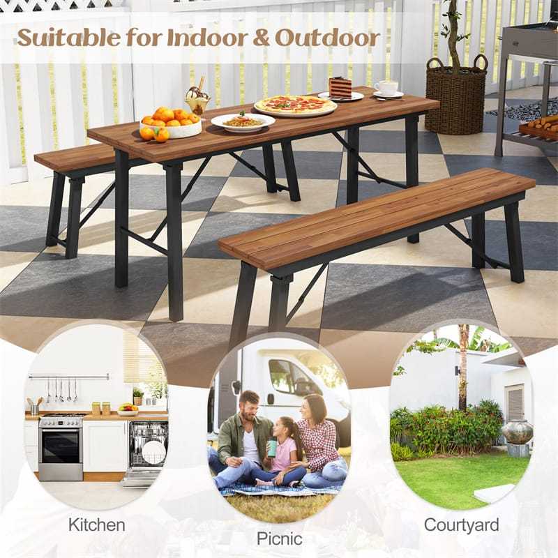 59" Outdoor Folding Picnic Table with Acacia Wood Top & Metal Frame, Portable Rectangular Dining Table for Garden, Yard, Patio & Indoor Activities