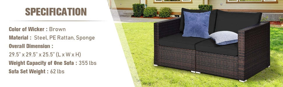 2 PCS Patio Rattan Sectional Corner Sofa Furniture Set Wicker Outdoor Loveseat with Cushions for Balcony Poolside Deck
