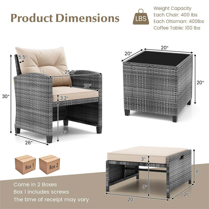 5-Piece Patio Rattan Furniture Set, Wicker Cushioned Chairs with 2 Ottomans & Tempered Glass Coffee Table for Backyard, Lawn, Poolside, Deck