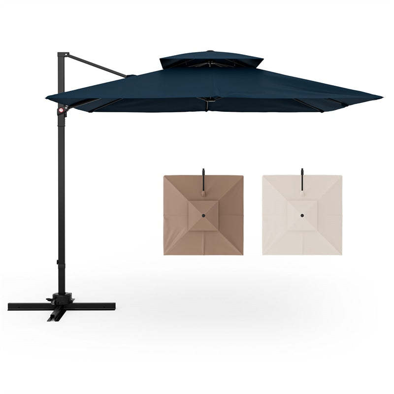 9.5FT Double Top Cantilever Umbrella, Heavy Duty Offset Hanging Patio Umbrella Square Outdoor Umbrella with 360° Rotation & Cross Base