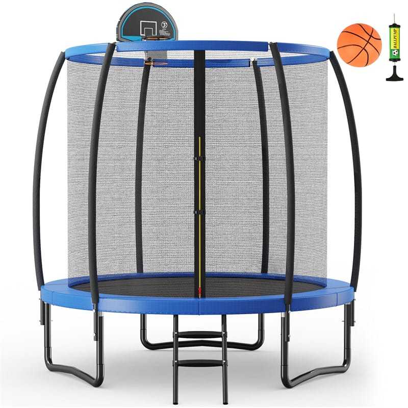 8FT Recreational Trampoline ASTM Approved Large Trampoline with Safety Enclosure Net Ladder Basketball Hoop & Ballpump