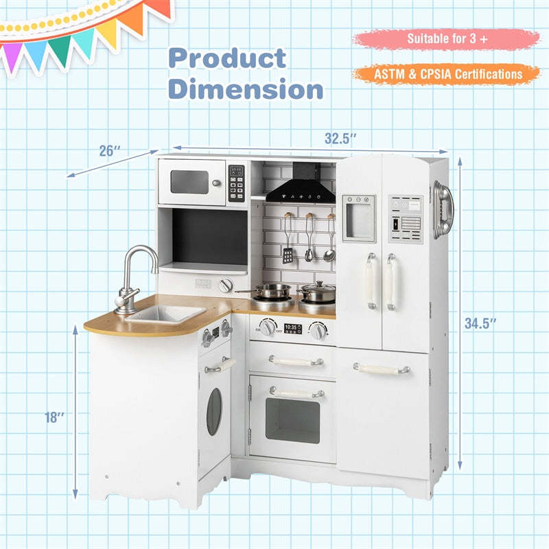 Kids Wooden Corner Kitchen Playset, 11-in-1 Little Chef Pretend Play Kitchen Toy Set with Realistic Washer, Microwave, Range Hood, Fridge & Telephone