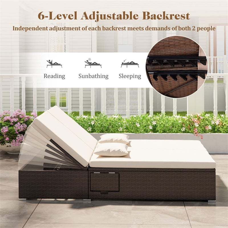 Outdoor Patio Daybed Rattan Double Chaise Lounge with Cushions, Pillows, Folding Side Trays, 6-Position Adjustable Backrest Wicker Loveseat Lounger