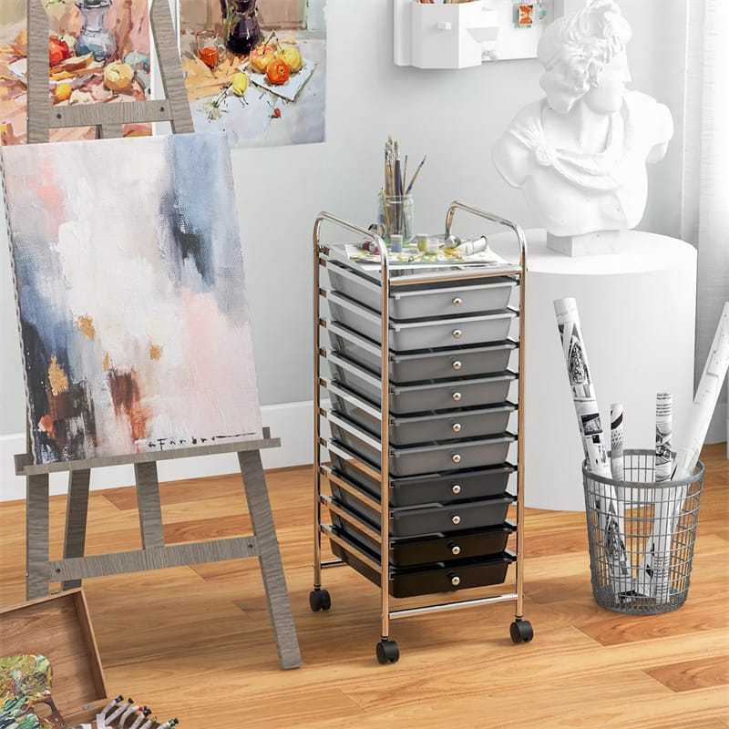 10-Drawer Rolling Storage Cart, Utility Cart with Drawers & Lockable Wheels, Mobile Art Craft Drawer Cart for Home Office, School
