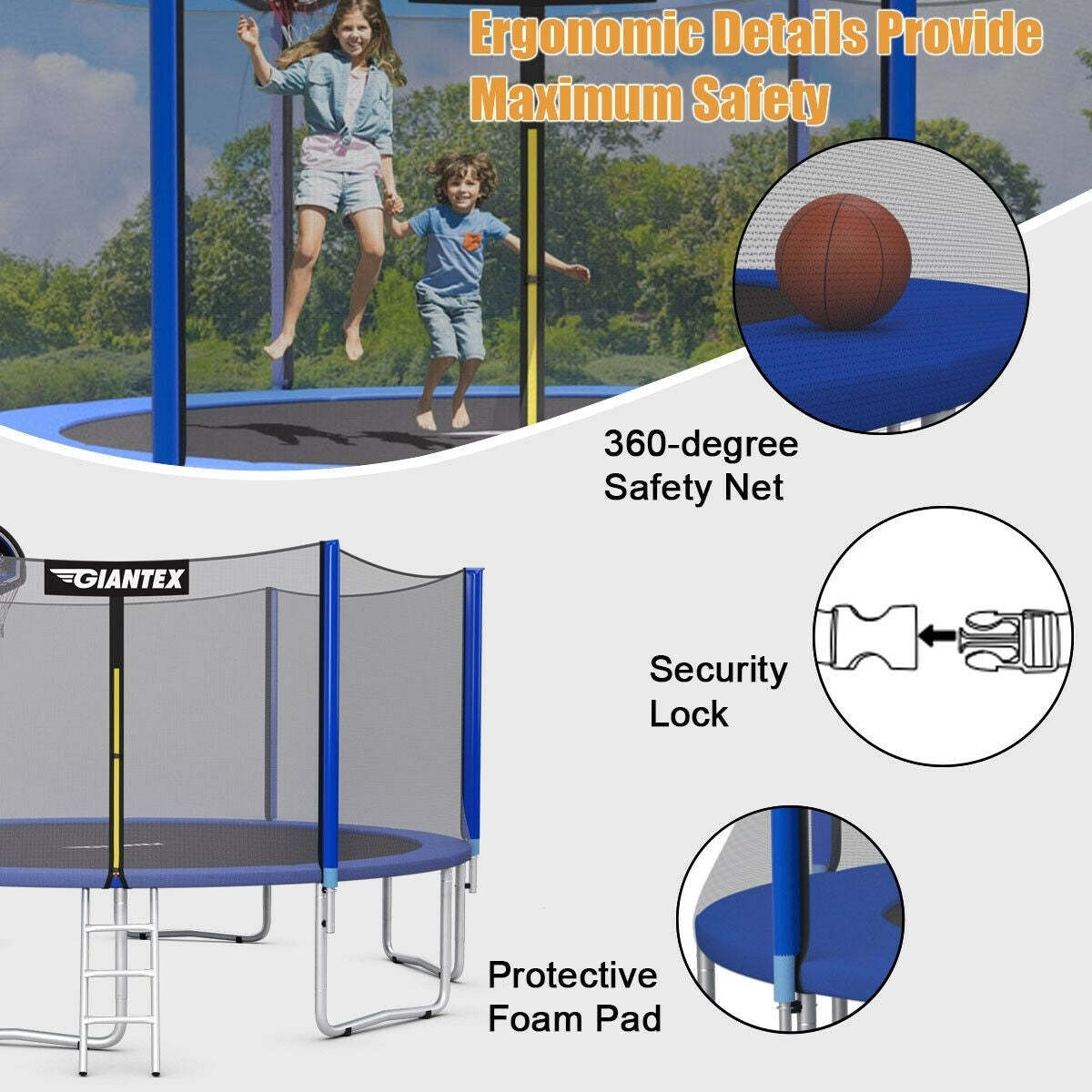 14 ft Round Trampoline with Safety Enclosure Net and Basketball Hoop