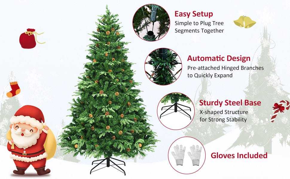 7/7.5/8 Feet Pre-Lit Artificial Christmas Tree Premium Spruce Hinged Tree with LED Lights & Pine Cones, Xmas Tree for Holiday Indoor Décor