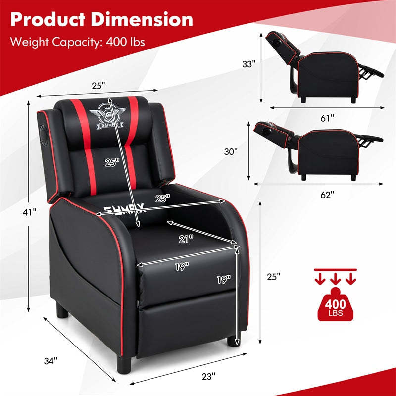 Gaming Recliner PU Leather Massage Gaming Chair with Bluetooth Speaker, Retractable Footrest & Lumbar Pillow, Single Ergonomic Gaming Sofa