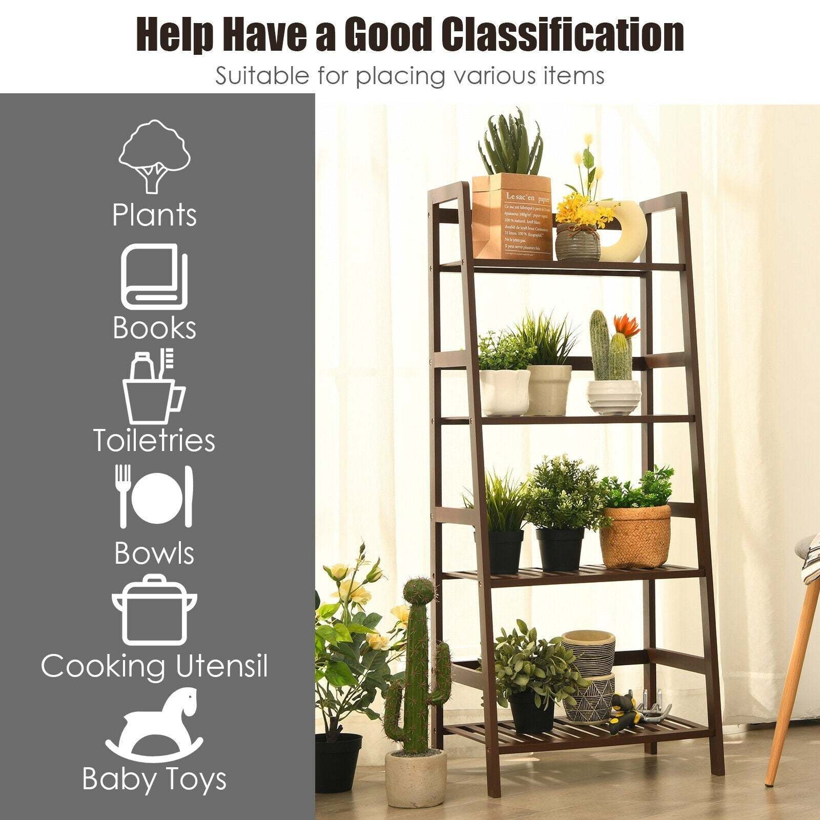 4 Tier Multifunctional Bamboo Ladder Shelf Plant Display Rack