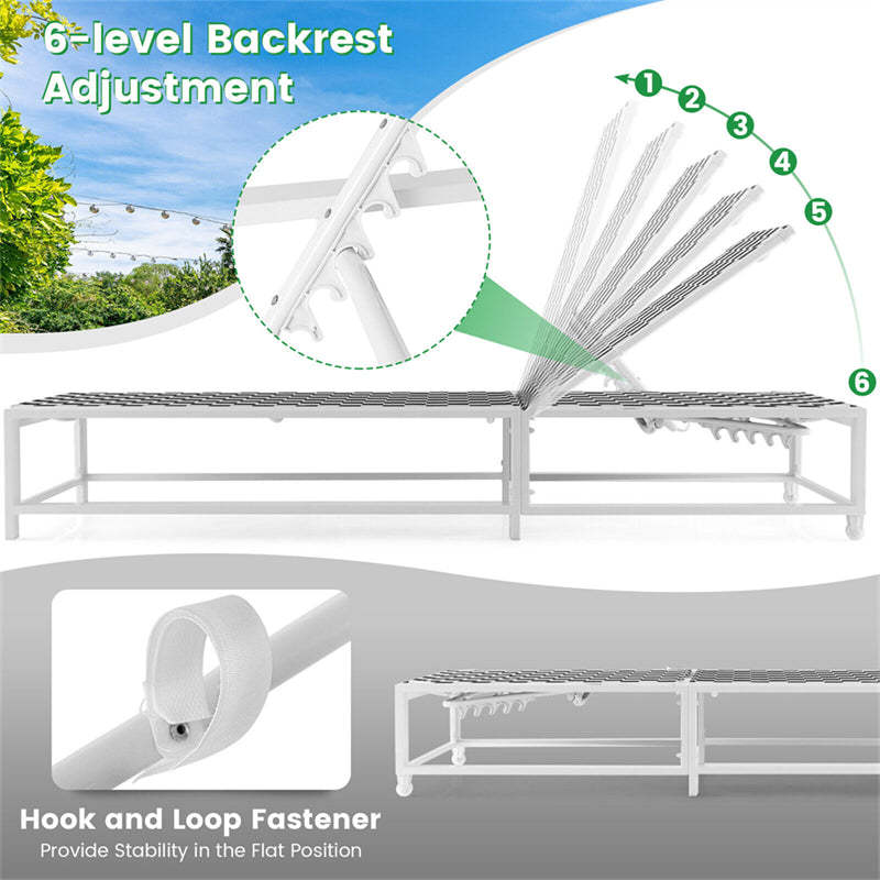 Outdoor Chaise Lounge Adjustable Patio Lounge Chair Metal Frame Garden Reclining Poolside Chair with Breathable Fabric & Wheels