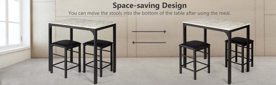 3 Pcs Counter Height Dining Set with Faux Marble Table & Cushioned Stools