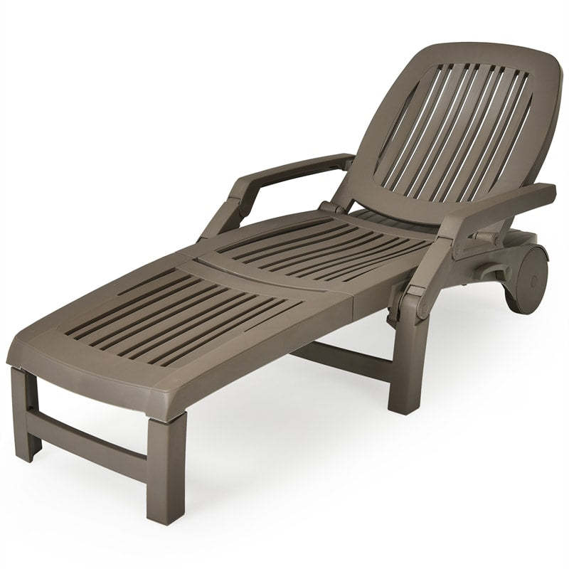 he Folding Outdoor Chaise Lounge, Weatherproof Plastic Lounge Chair with 6-Position Adjustable Backrest & Wheels for Poolside, Patio, Beach