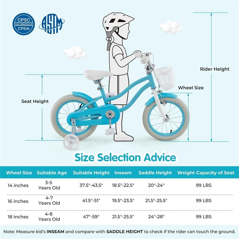 14" Kids Bike, Toddler Bicycle Girls Boys Bike for 3-8 Years Old with Training Wheels Adjustable Seat Removable Basket
