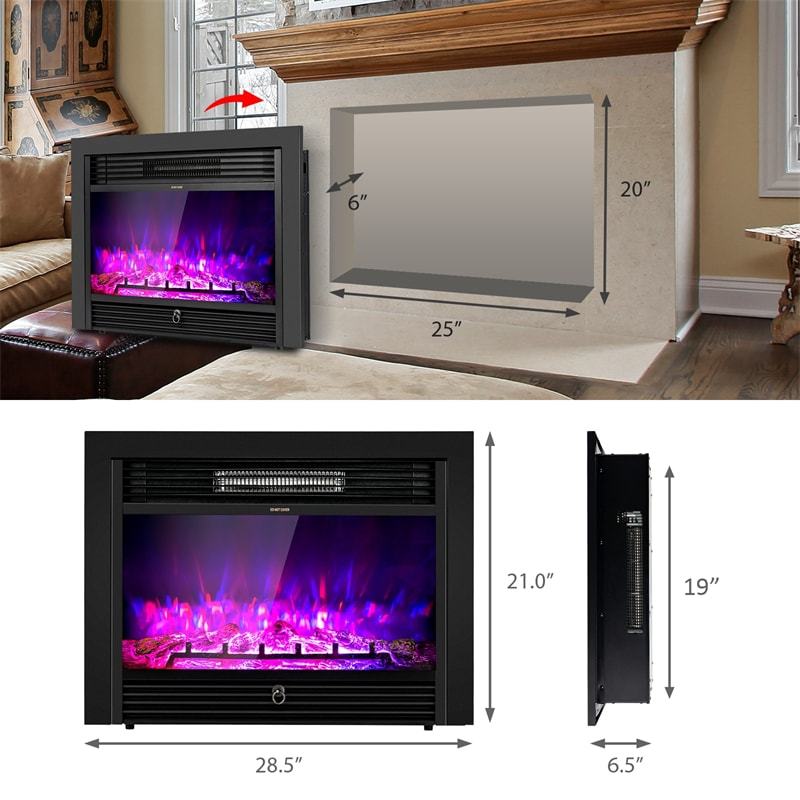28.5" Electric Fireplace Insert, 750W/1500W Wall Mounted Recessed Freestanding Fireplace Heater with 3 Color Adjustable Flames, 2 Heat Modes, 8H Timer