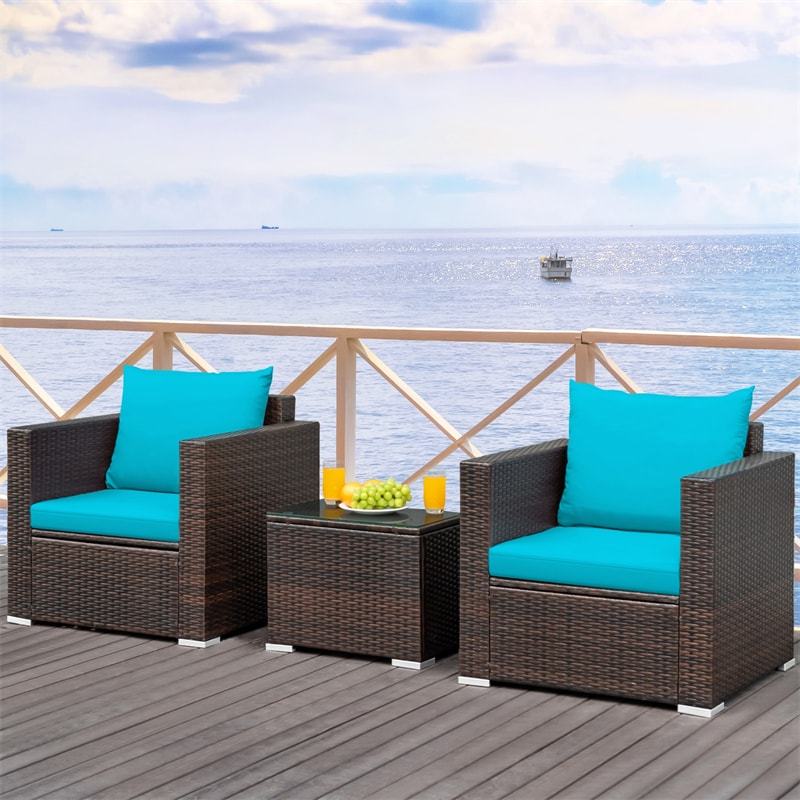 3 Piece Patio Conversation Set, Outdoor Rattan Sofa Furniture Set with Washable Cushions & Tempered Glass Coffee Table for Poolside Backyard