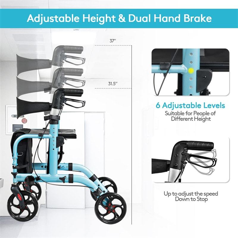 2-in-1 Folding Rollator Walker with Seat for Seniors, Aluminum Medical Walker Transport Chair Combo with 8" Wheels, Adjustable Handle & Backrest