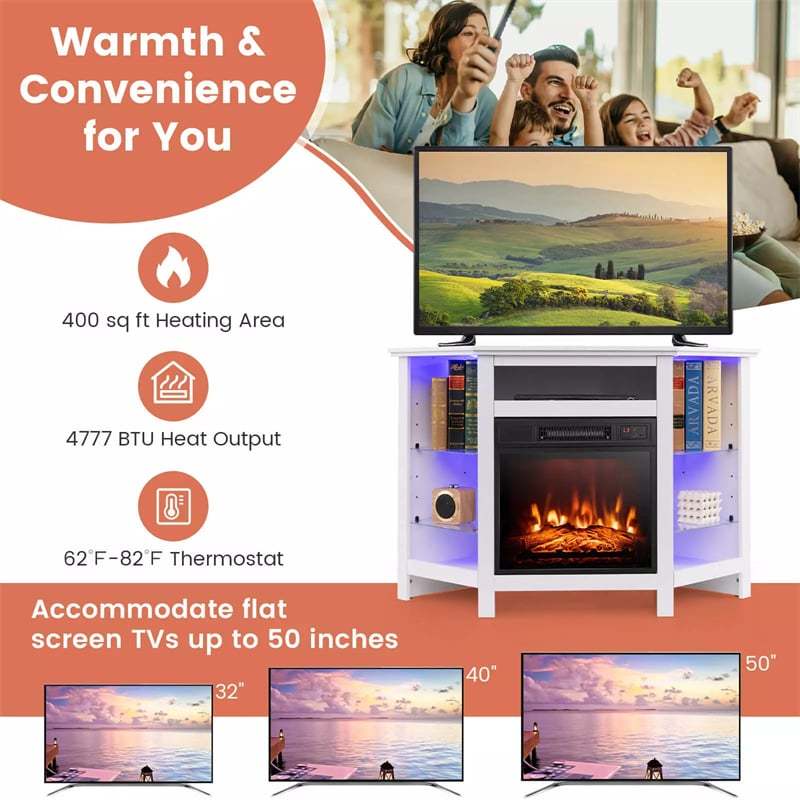45" Corner Fireplace TV Stand for 50" TVs, Modern Fireplace Entertainment Center with 16-Color LED Lights, Smart APP Control, Adjustable Shelves
