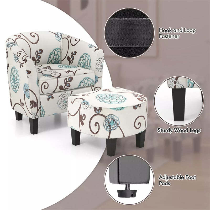 Small Accent Chair & Ottoman Set, Modern Round Arm Accent Chair Upholstered Barrel Chair with Solid Wood Legs for Living Room Bedroom
