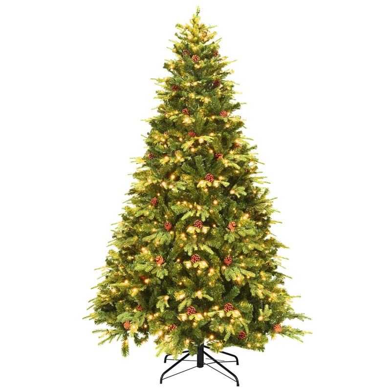7/7.5/8 Feet Pre-Lit Artificial Christmas Tree Premium Spruce Hinged Tree with LED Lights & Pine Cones, Xmas Tree for Holiday Indoor Décor
