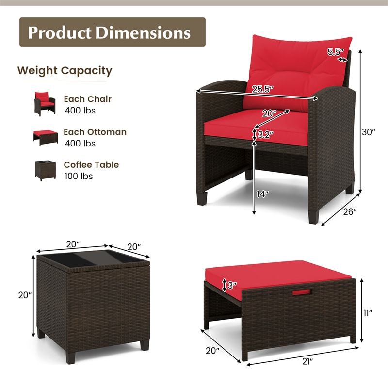 5-Piece Patio Rattan Furniture Set, Cushioned Wicker Chairs with 2 Ottomans & Glass Coffee Table, Outdoor Sectional for Porch Backyard Poolside