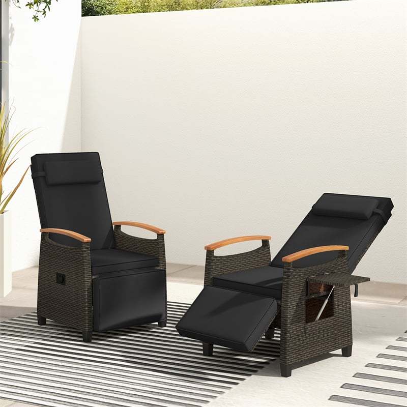 Outdoor Wicker Recliner Chair with Adjustable Backrest, Footrest, Flip Side Table & Cushion, Patio Rattan Chaise Lounge for Backyard Porch