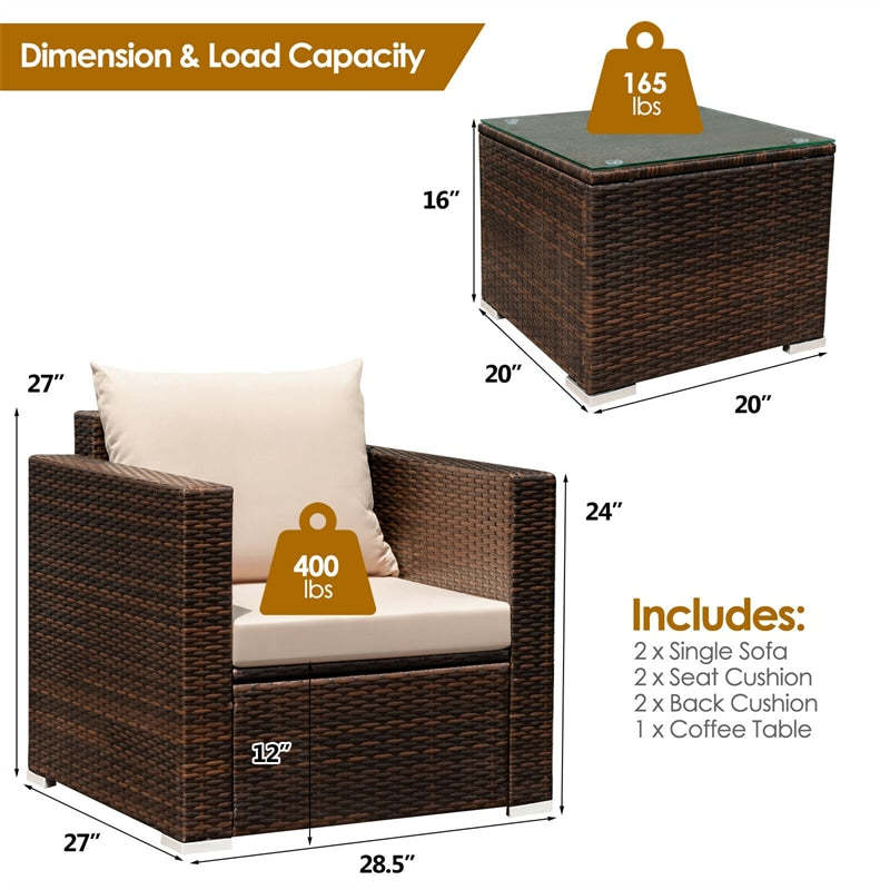 3 Piece Patio Conversation Set, Outdoor Rattan Sofa Furniture Set with Washable Cushions & Tempered Glass Coffee Table for Poolside Backyard
