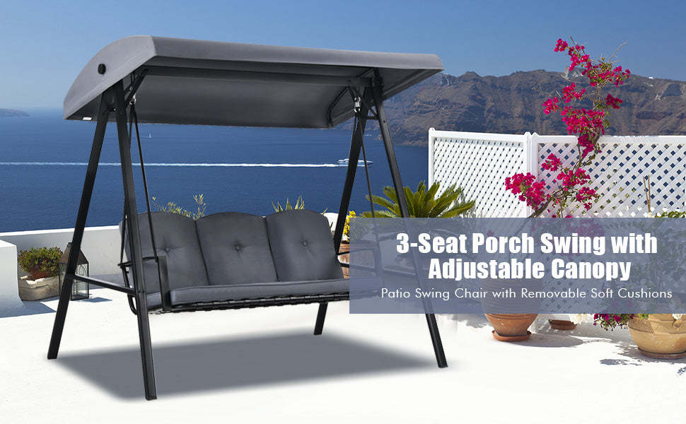 3-Seat Outdoor Porch Swing with Adjustable Tilt Canopy & Removable Cushions