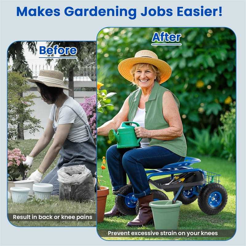 Rolling Garden Cart with 360° Swivel Seat, Tool Tray & Basket, Height Adjustable Gardening Workseat on Wheels, Patio Wagon Scooter for Planting