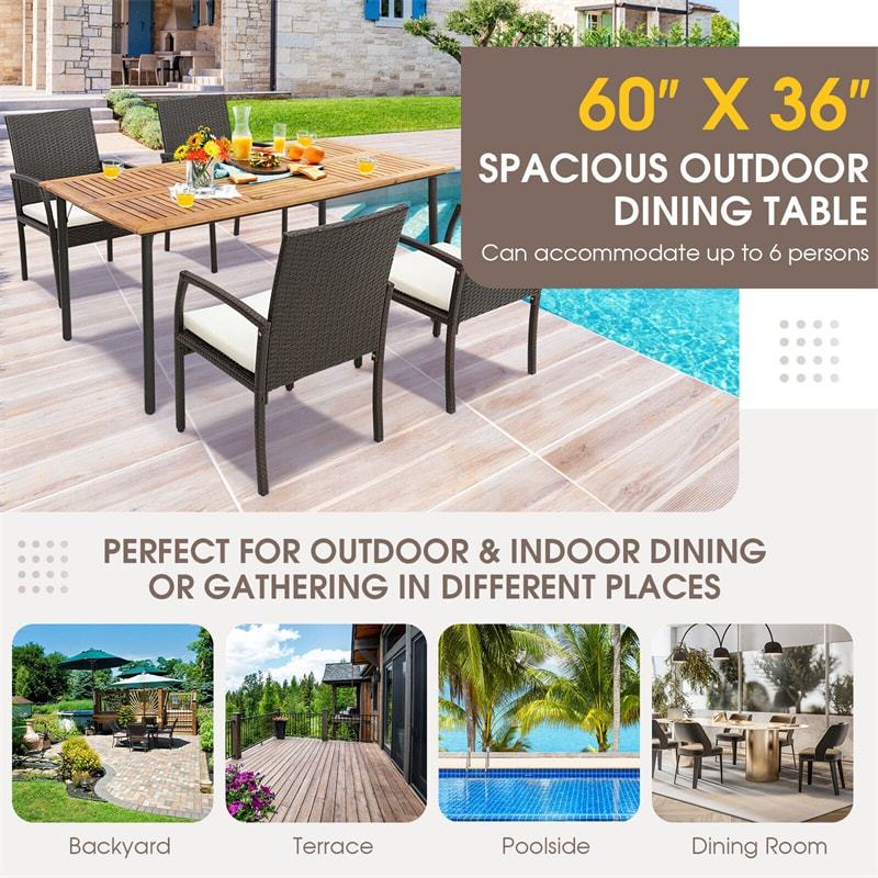 Rectangular Acacia Wood Patio Dining Table Large Outdoor Farm Table with Umbrella Hole & Metal Legs