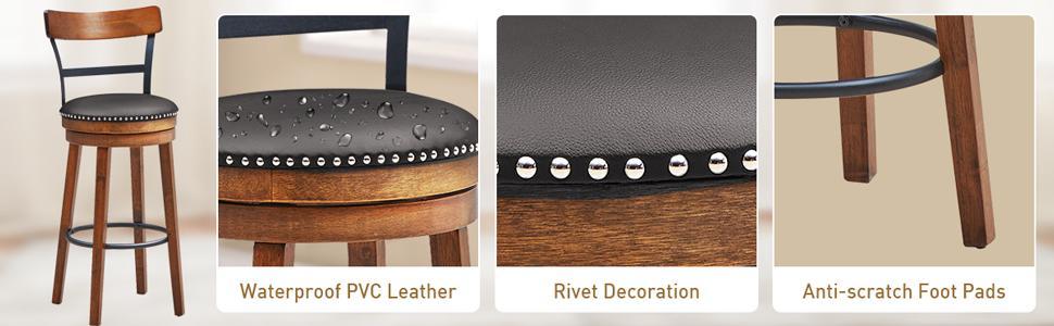 25" Bar Stools Set of 2 Swivel Counter Height Dining Chair with Leather Padded Seat