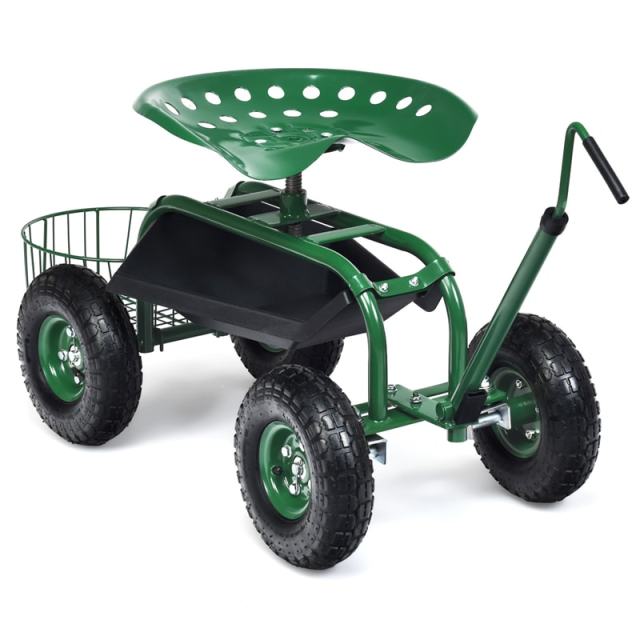 Rolling Garden Cart with 360° Swivel Seat, Extendable Hook Handle, Tool Tray, Storage Basket, Height Adjustable Gardening Workseat on Wheels