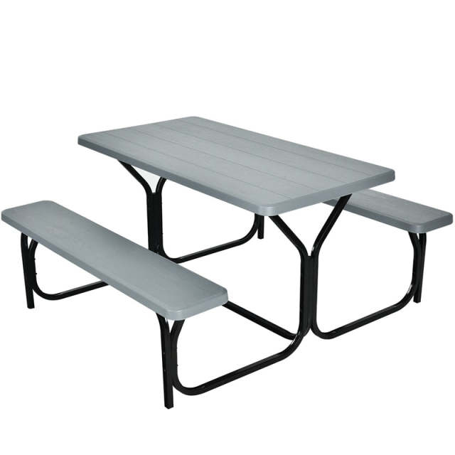 Outdoor Picnic Table Bench Set, All-Weather Metal Frame Camping Table with Built-in Benches & Wood-Like Tabletop for Backyard, Patio, Poolside