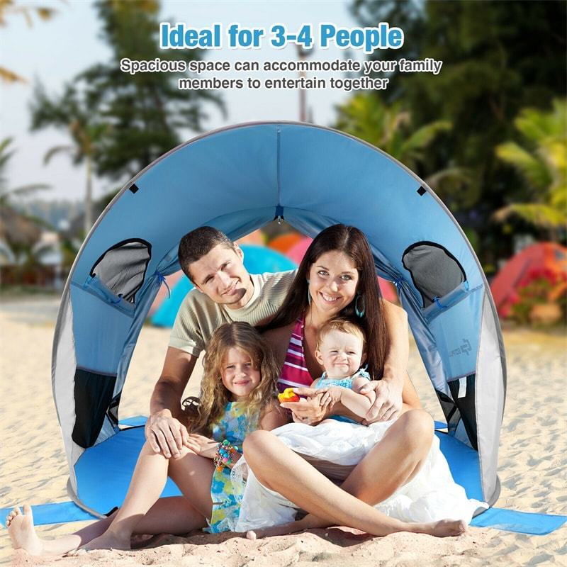 3-4 Person Pop Up Beach Tent, Anti-UV UPF 50+ Portable Camping Sun Shelter with 2 Mesh Windows for Picnic, Hiking