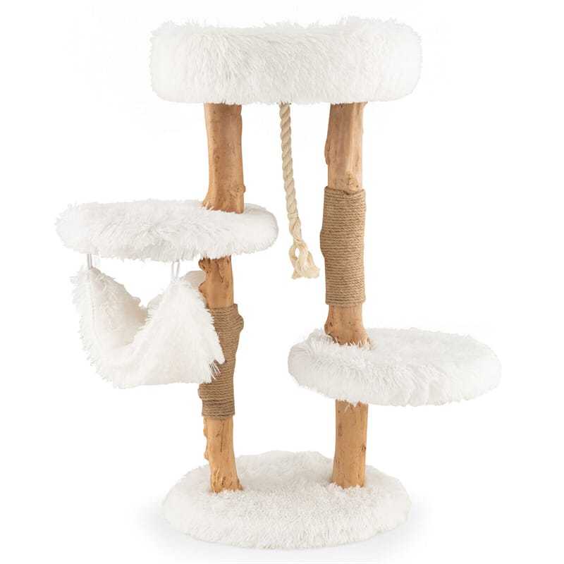 34" Tall Cat Tree Solid Wood Cat Tower Multi-Level Cat Activity Center with Warm Hammock Cozy Top Perch 2 Side Platforms & Jute Scratching Posts