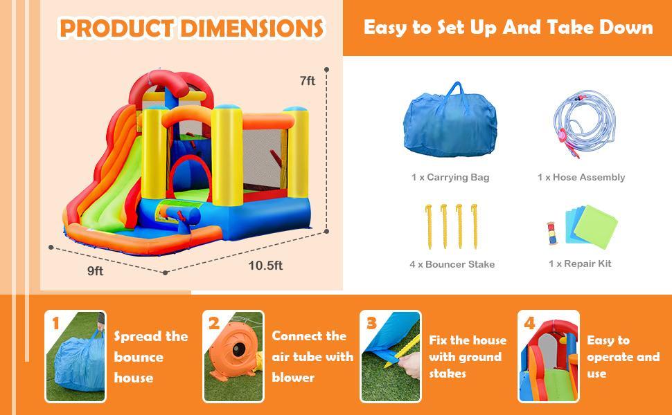 6 in 1 Kids Inflatable Water Slide Jumping Castle Splash Pool without Blower