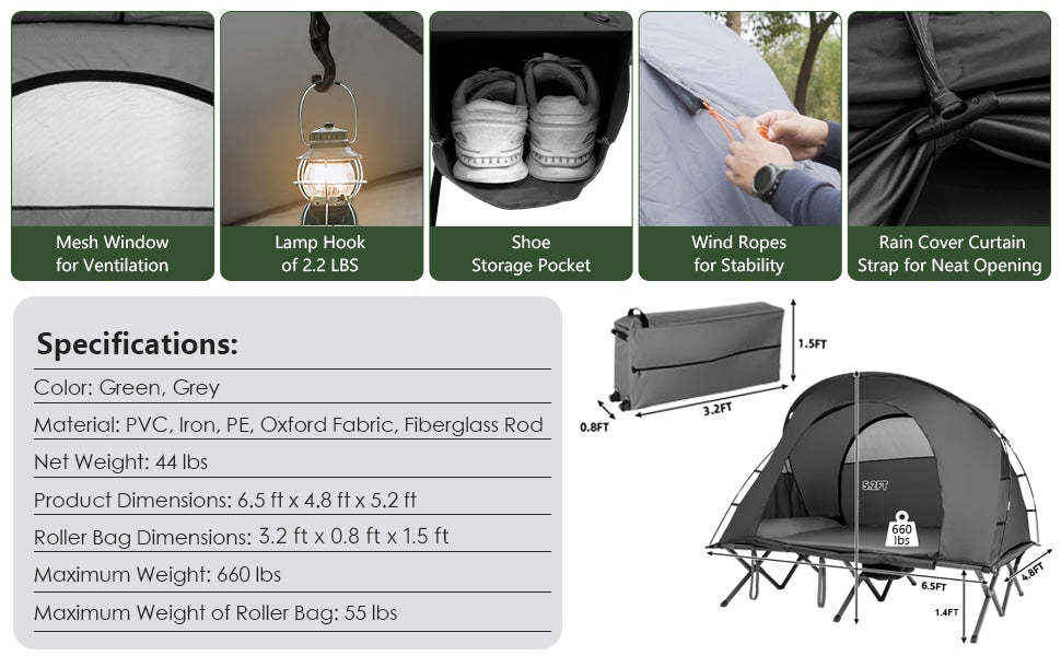 2-Person Tent Cot 4-in-1 Folding Camping Tent Elevated Tent with Waterproof Rain Cover, Self-Inflating Mattress & Roller Carrying Bag
